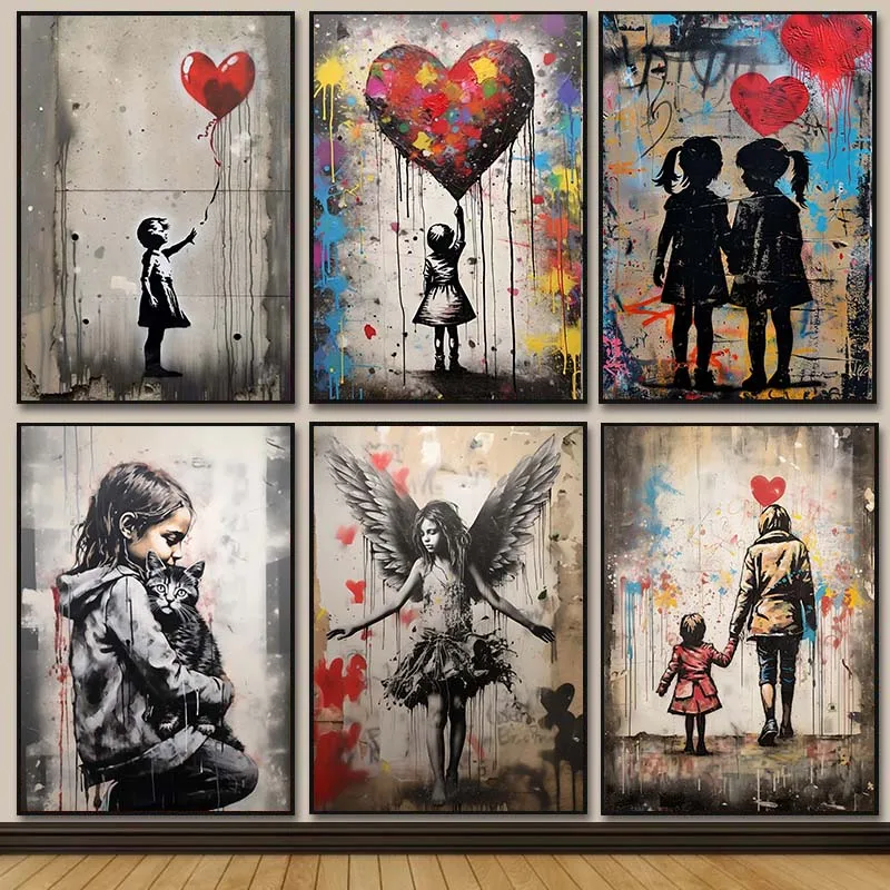 Street Fashion Poster - Banksy Graffiti niño niña con globo